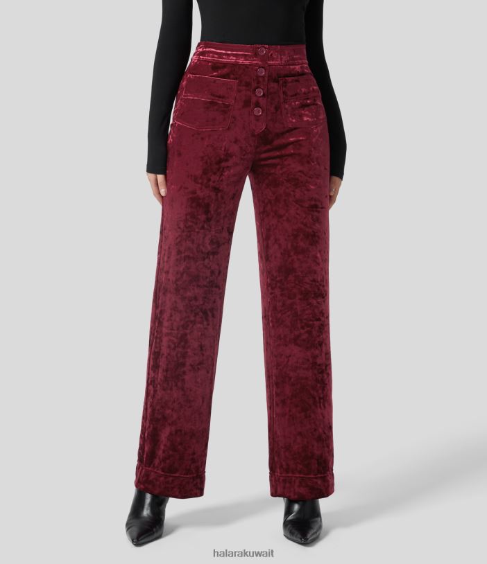 ملابس بورجوندي TDP4N463 نحيف Halara سروال عالي الخصر بجيوب متعددة وساق مستقيمة مخملية