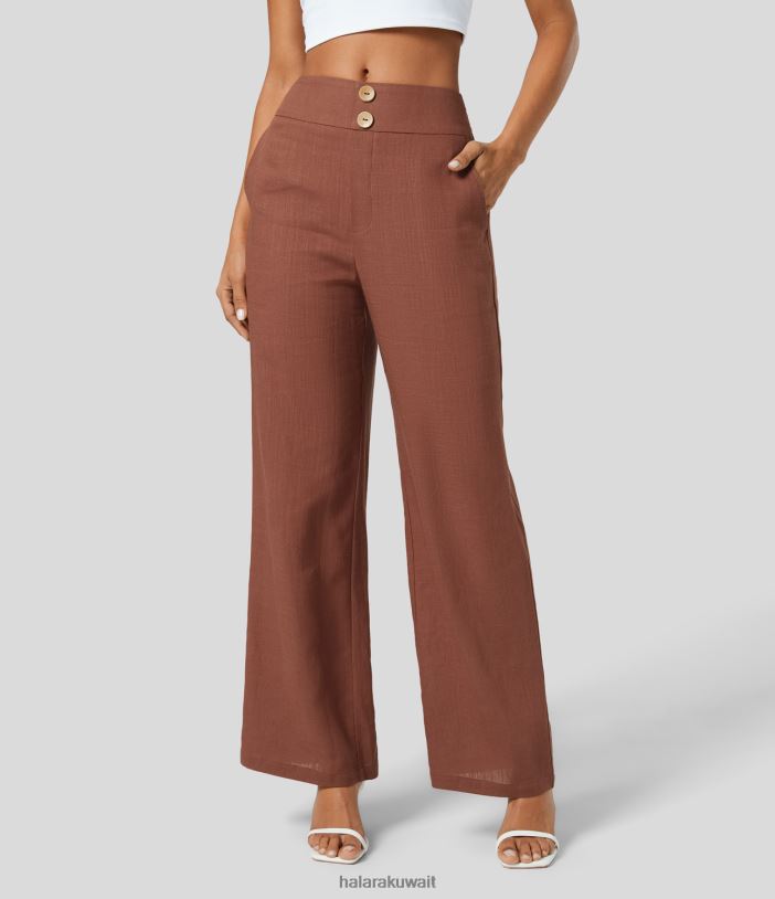 ملابس أسود TDP4N465 نحيف Halara بنطلون كتان كاجوال بخصر عالٍ وجيب جانبي وساق مستقيمة