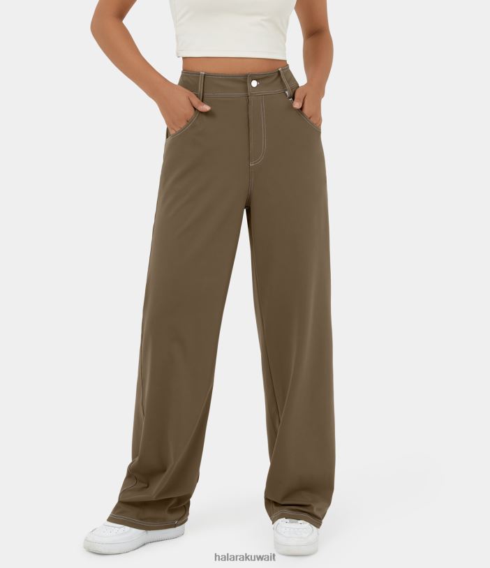 ملابس بني كستنائي TDP4N475 نحيف Halara سراويل كاجوال Softlyzero ذات خصر عالٍ وسحاب وجيوب متعددة وساق مستقيمة وملمس رائع