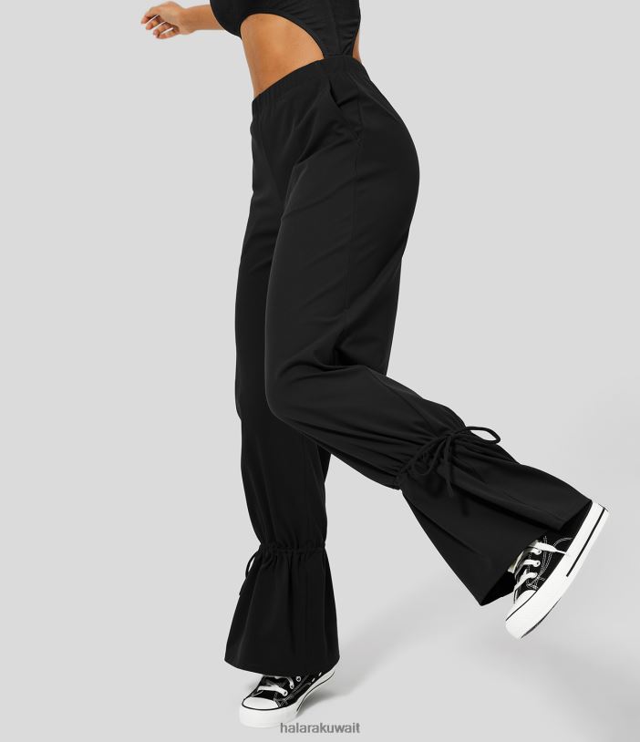 ملابس أسود TDP4N482 نحيف Halara سروال كاجوال منخفض الارتفاع بأزرار داخلية وجيب جانبي ورباط