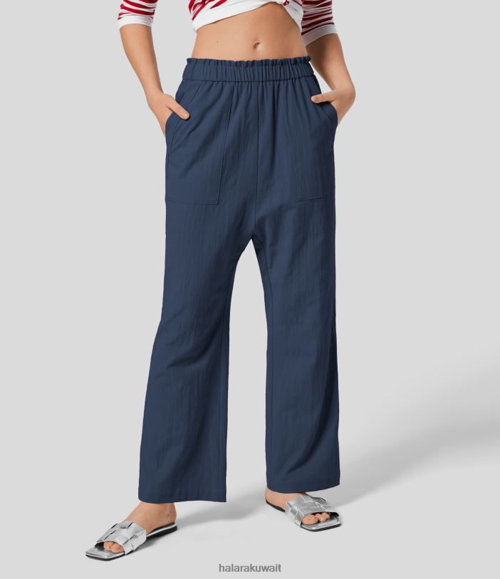 ملابس شارة زرقاء TDP4N484 نحيف Halara سراويل حريم قطنية منخفضة الارتفاع ومكشكشة وجيوب متعددة