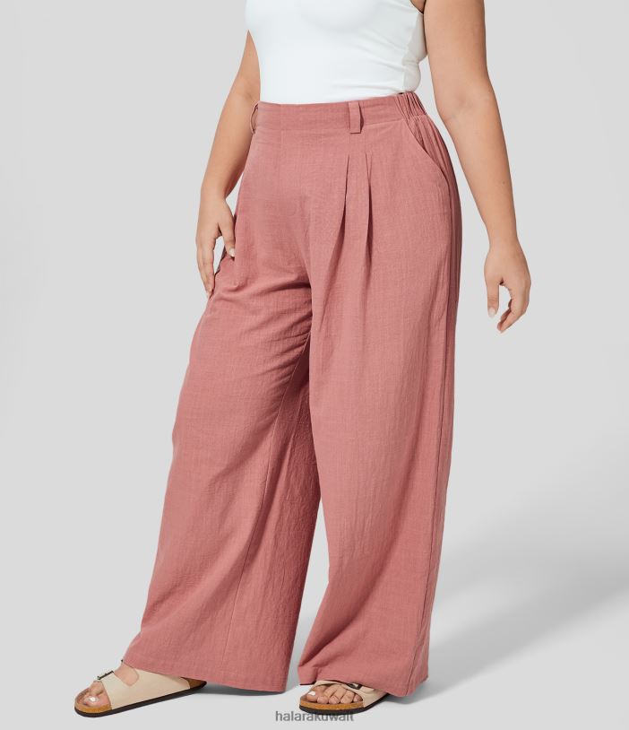 قيعان روزيت TDP4N485 نحيف Halara بنطلون عالي الخصر وجيب جانبي مطوي وواسع الساق من القطن غير الرسمي مقاس كبير