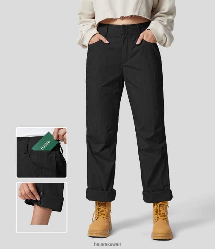 ملابس رياضية أسود TDP4N486 نحيف Halara سراويل قطنية للمشي لمسافات طويلة بأزرار متوسطة الارتفاع وجيوب متعددة وسحاب