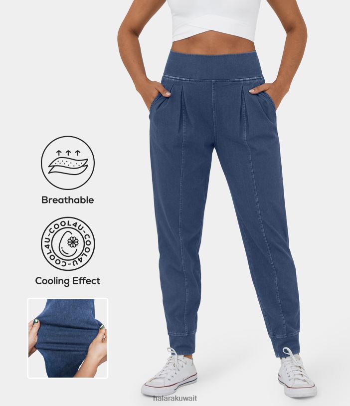 ملابس الدنيم المغسول باللون الأزرق النيلي TDP4N48 نحيف Halara جينز كاجوال بخصر عالٍ وجيب جانبي ومطوي وملمس رائع وجيد التهوية ومغسول وقابل للتمدد