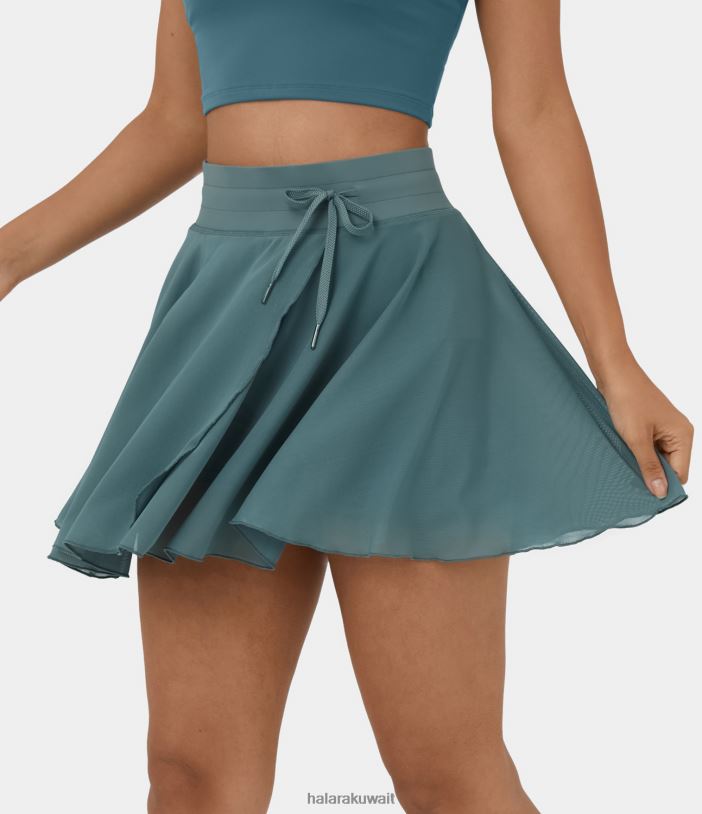 ملابس رياضية الحجر الأخضر TDP4N497 نحيف Halara تنورة شبكية متباينة عالية الخصر برباط 2 في 1 وجيب جانبي واسع ومشرق كاجوال