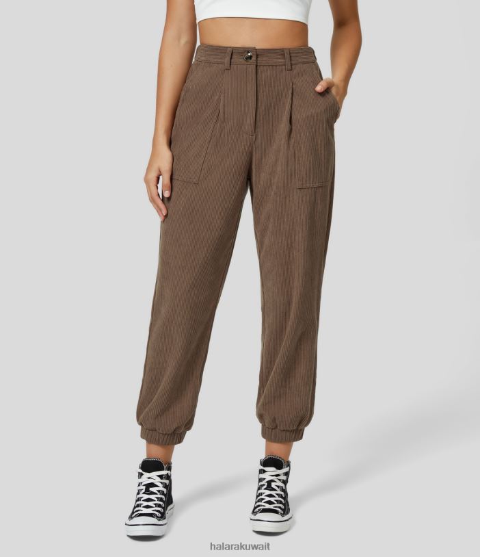 ملابس بني كاكاو TDP4N4 نحيف Halara بنطلون رياضي كاجوال بسحاب متوسط ​​الارتفاع وجيوب متعددة وسروال قصير