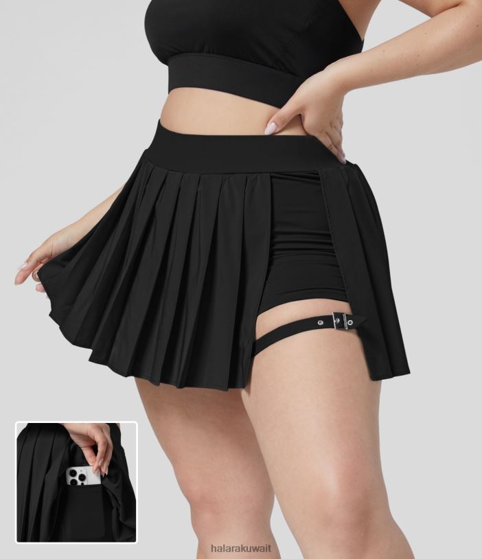 قيعان أسود TDP4N526 نحيف Halara تنورة عالية الخصر مطوية 2 في 1 وجيب جانبي قابل للتعديل وإبزيم قابل للتعديل سريع الجفاف كاجوال صغير مقاس كبير