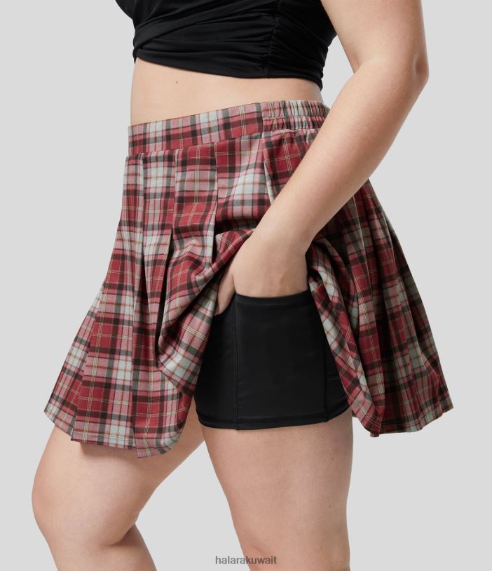 قيعان منقوشة من الطوب الأحمر TDP4N545 نحيف Halara تنورة عالية الخصر 2 في 1 بجيب جانبي منقوشة ومطويات كاجوال مقاس كبير