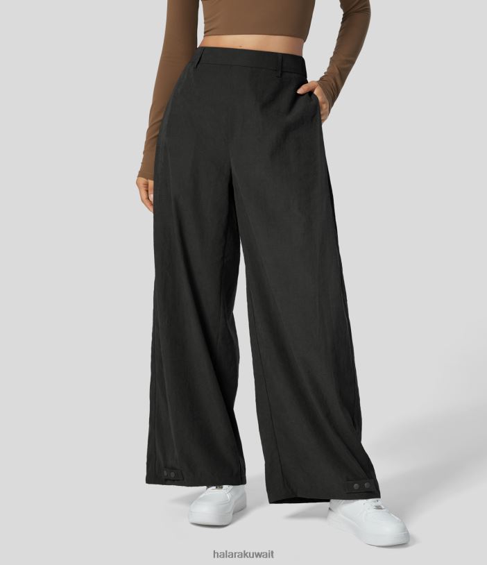 ملابس أسود TDP4N54 نحيف Halara بنطال رياضي للمشي لمسافات طويلة بجيب جانبي عالي الخصر وزر كبس وحاشية قابلة للتعديل