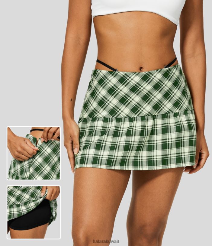 ملابس مربع أبيض أخضر TDP4N580 نحيف Halara تنورة منخفضة الارتفاع وحزام قابل للإزالة وسحاب غير مرئي 2 في 1 منقوشة كاجوال صغيرة