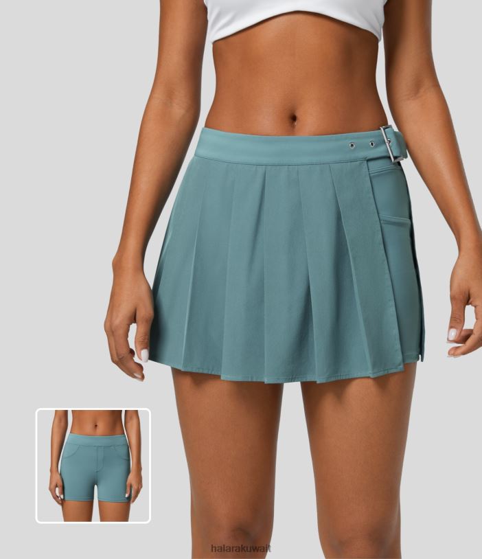 ملابس الحجر الأزرق TDP4N621 نحيف Halara تنورة كاجوال متوسطة الارتفاع بإبزيم قابل للتعديل ومطويات من قطعتين بجيب صغير سريع الجفاف