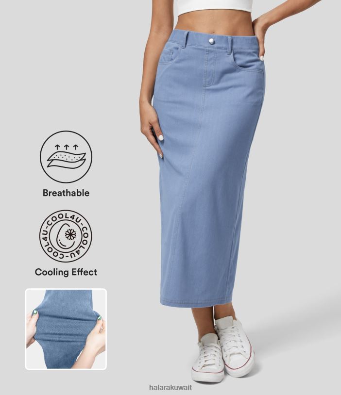 ملابس الدنيم السماوي TDP4N634 نحيف Halara تنورة سحرية عالية الخصر وجيوب متعددة مقسمة ومغسولة ومغسولة ومطاطة من قماش الدنيم غير الرسمي