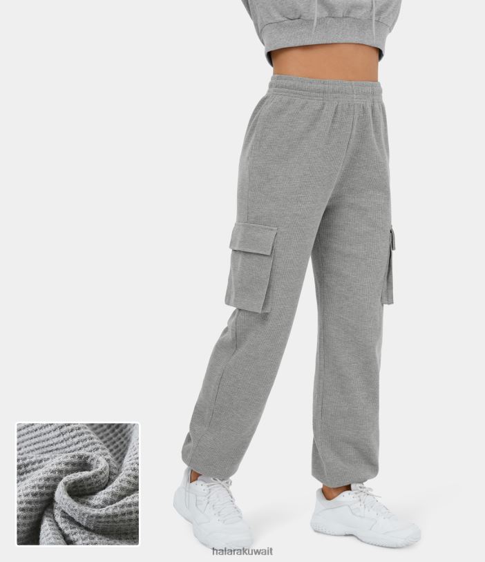 ملابس الضباب الرمادي TDP4N63 نحيف Halara بنطال رياضي من القطن عالي الخصر برباط داخلي وجيوب متعددة