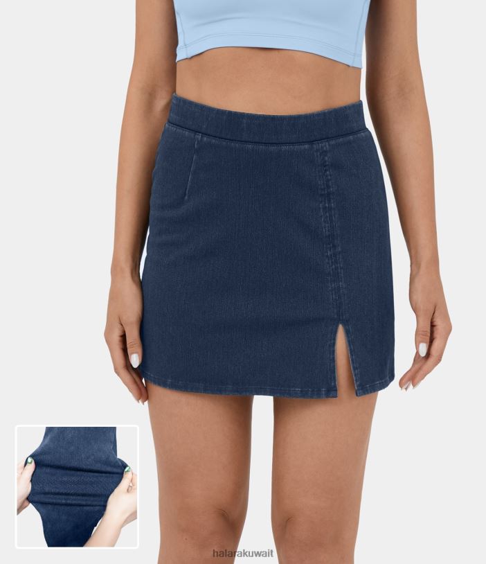 ملابس الدنيم المغسول النيلي TDP4N654 نحيف Halara تنورة كاجوال قصيرة من الدنيم ذات خصر عالٍ وحاشية مقسمة قابلة للتمدد