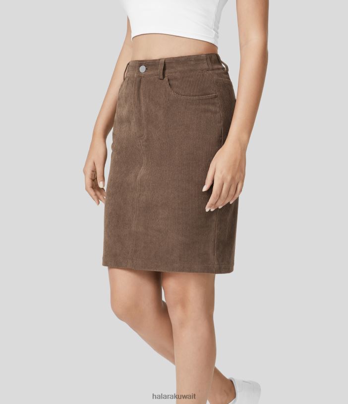 ملابس بني كاكاو TDP4N660 نحيف Halara تنورة ضيقة غير رسمية بجيوب متعددة وخصر مرتفع وحاشية مقسمة