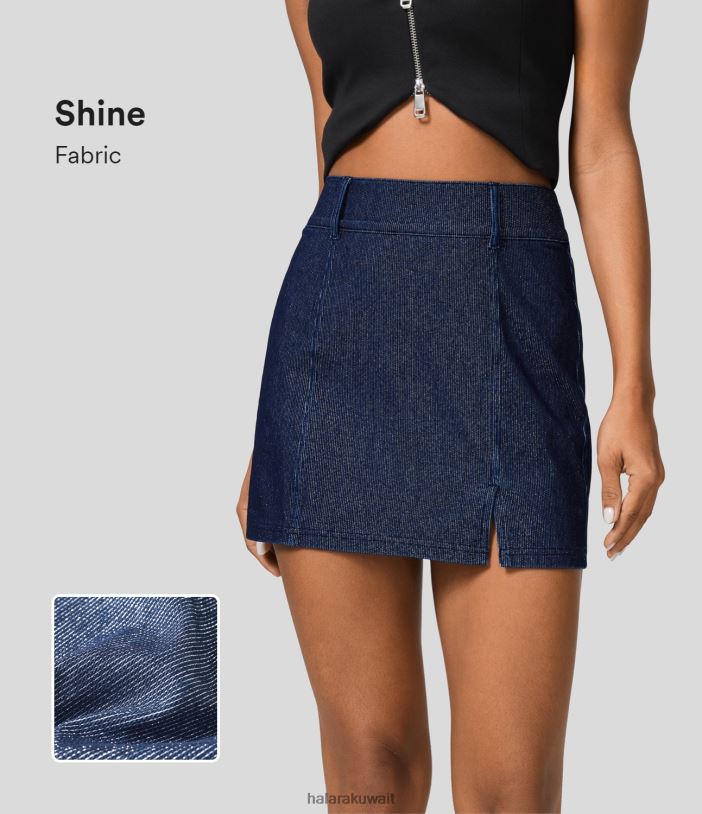 ملابس الدنيم الفضي الأزرق الداكن TDP4N666 نحيف Halara تنورة سحرية عالية الخصر وجيوب خلفية وحاشية مقسمة صغيرة فضية لامعة ومتماسكة من قماش الدنيم غير الرسمي