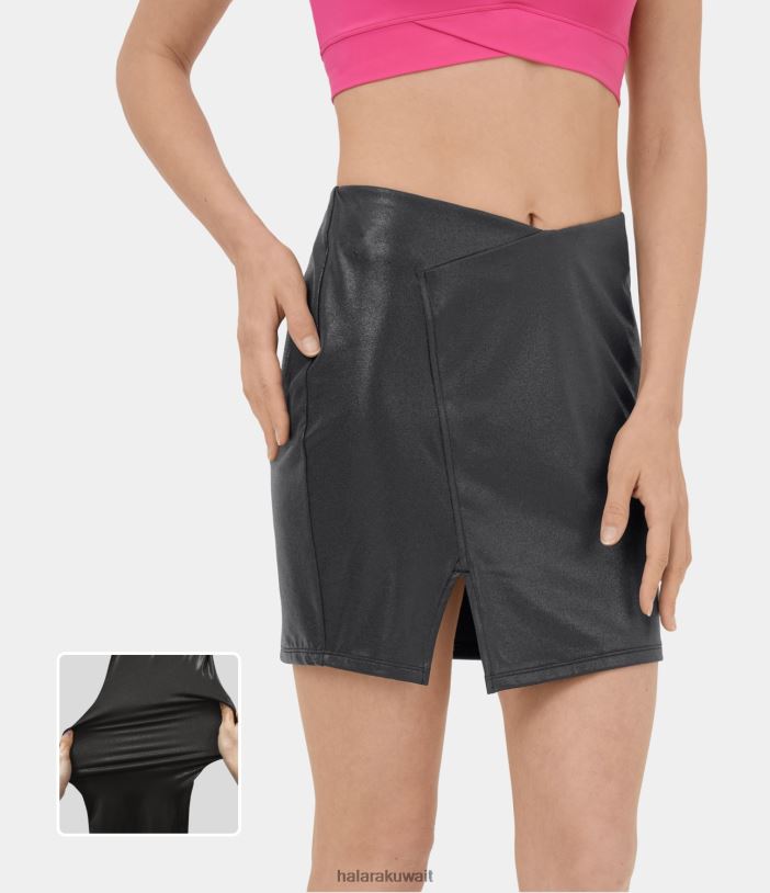 ملابس غسق أسود لامع TDP4N681 نحيف Halara تنورة Softlyzero من الجلد الصناعي بخصر عالٍ ومقسمة ومطبوعة برقائق معدنية قابلة للتمدد