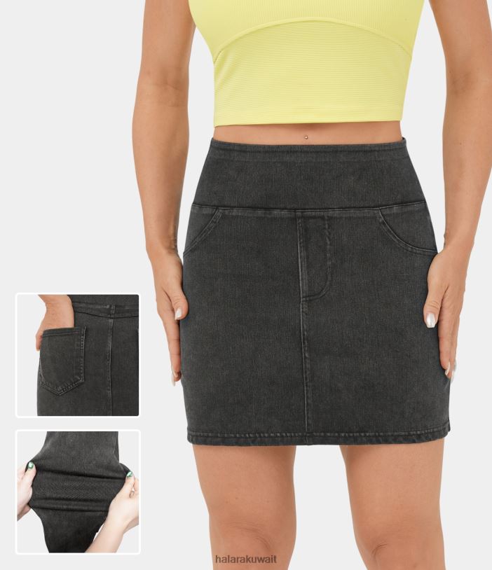 ملابس الدنيم المغسول باللون الأسود TDP4N682 نحيف Halara تنورة كاجوال قصيرة من قماش الدنيم المتماسك بخصر عالٍ وجيب خلفي وقابلة للتمدد