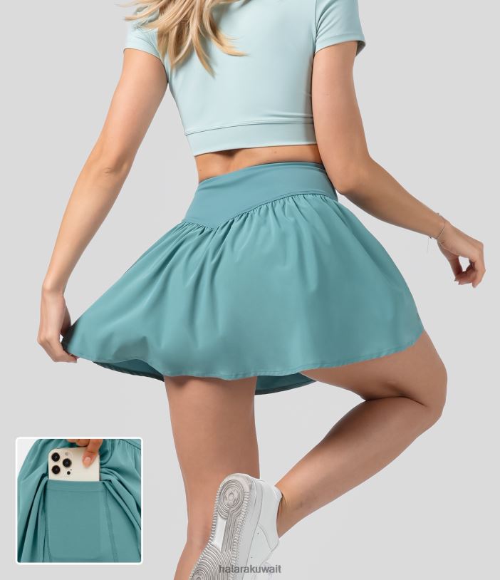 ملابس رياضية الأزرق المعدني TDP4N683 نحيف Halara تنورة كاجوال قصيرة بخصر عالٍ 2 في 1 وجيب جانبي على شكل حرف A سريعة الجفاف