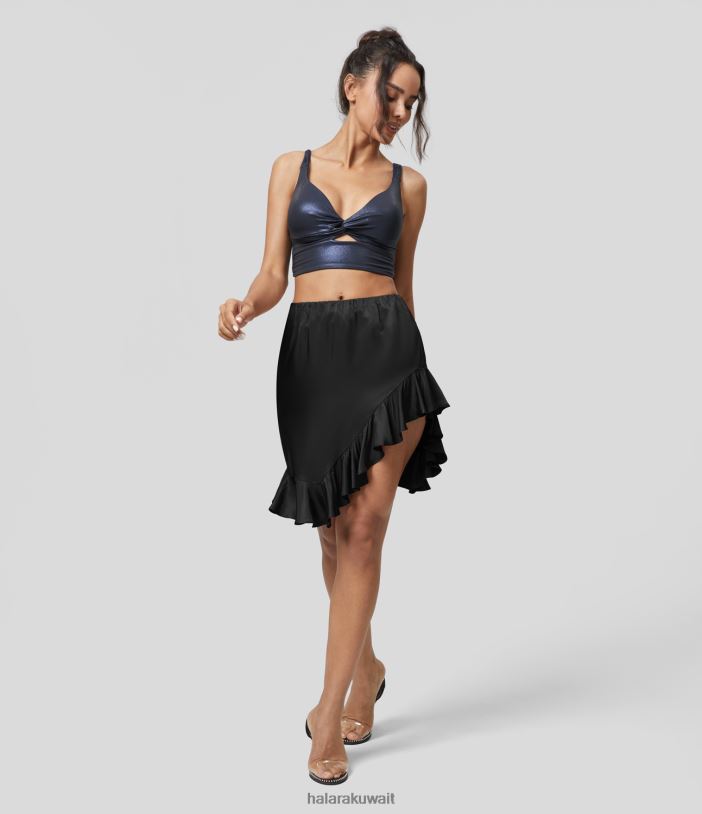 ملابس أسود TDP4N690 نحيف Halara حزام خصر مطاطي متوسط ​​الارتفاع وحاشية مكشكشة غير متماثلة تنورة حفلات صغيرة تشبه الساتان