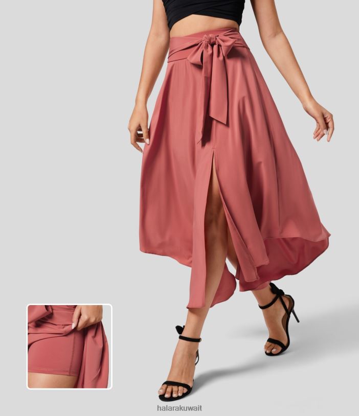ملابس لهب أحمر TDP4N697 نحيف Halara تنورة كاجوال متوسطة الطول بخصر عالٍ وفتحة جانبية 2 في 1 بحاشية منحنية وواسعة ومتوهجة وسريعة الجفاف