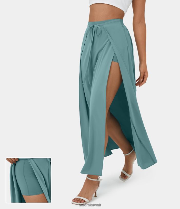 ملابس الأزرق المعدني TDP4N700 نحيف Halara تنورة كاجوال طويلة بخصر عالٍ وربطة أمامية مطوية ومقسمة 2 في 1 ماكسي سريعة الجفاف