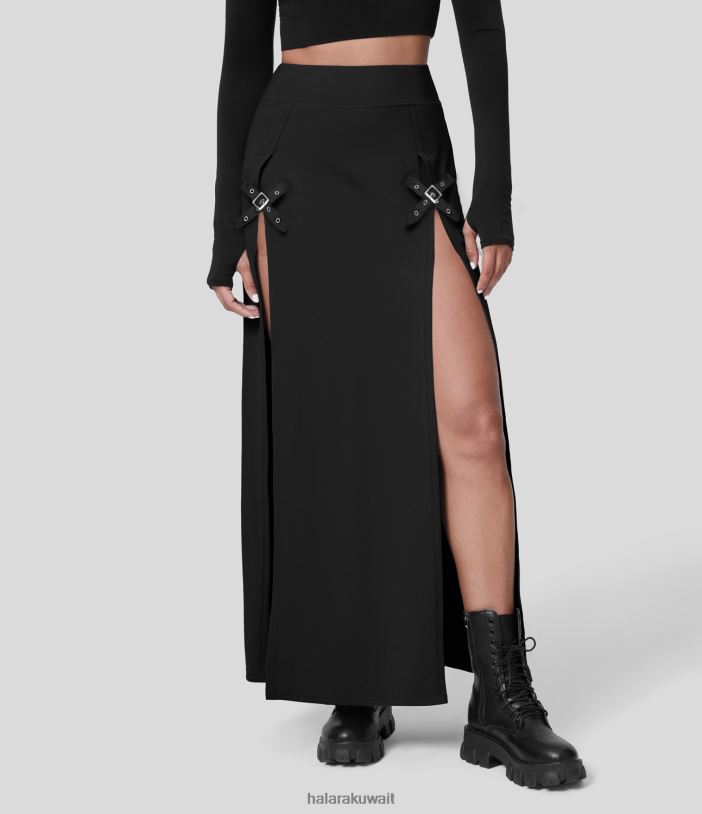 ملابس أسود TDP4N701 نحيف Halara تنورة ماكسي كاجوال عالية الخصر بإبزيم مزخرف 2 في 1