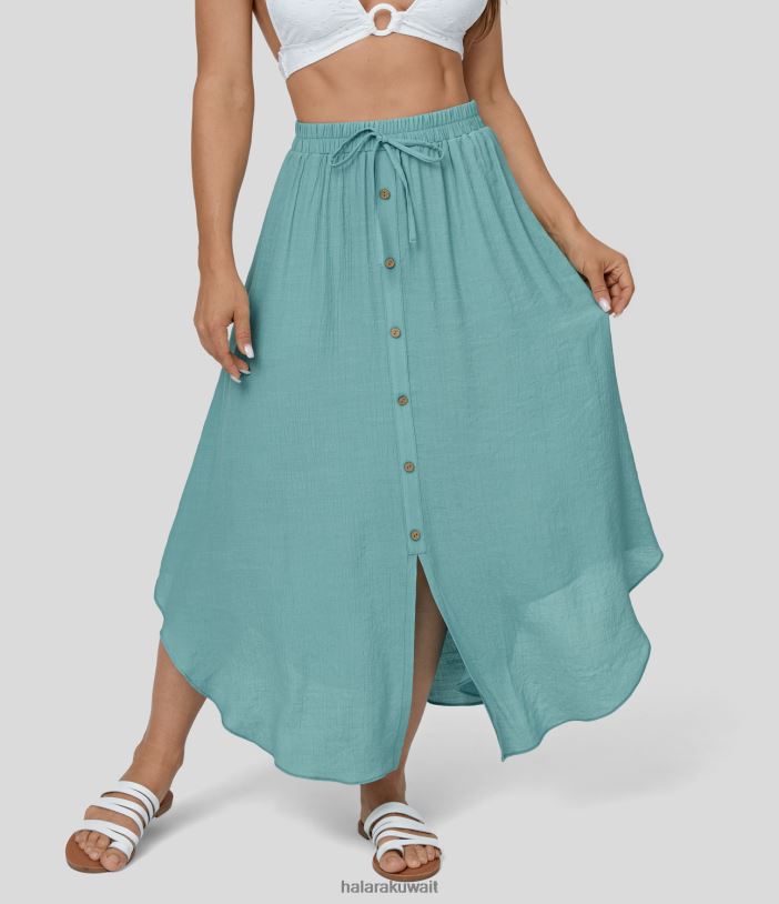 ملابس النيل الأزرق TDP4N702 نحيف Halara تنورة ميدي كاجوال بخصر عالٍ ورباط وجيب جانبي