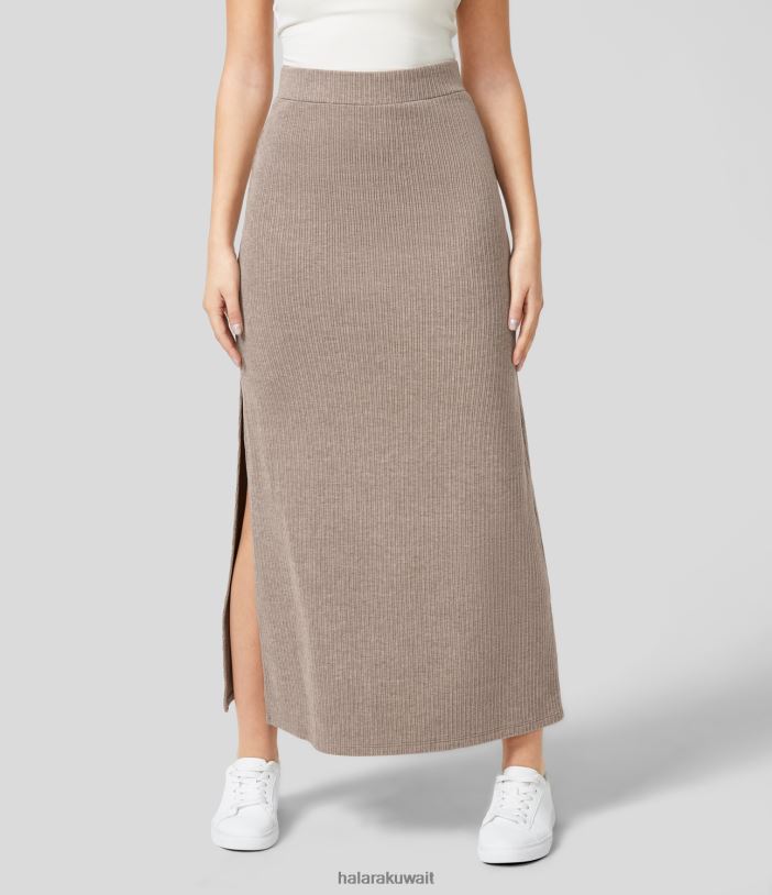ملابس مرنغ موكا TDP4N703 نحيف Halara تنورة مضلعة عالية الخصر وحاشية مقسمة على شكل حرف A كاجوال