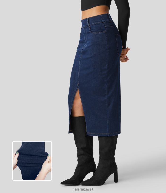 ملابس الدنيم النيلي TDP4N704 نحيف Halara تنورة متوسطة الطول كاجوال بخصر عالٍ وجيوب متعددة من قماش الدنيم المتماسك والمطاط