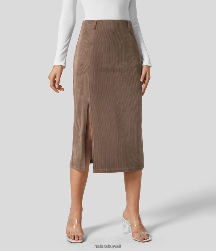 ملابس بني كاكاو TDP4N705 نحيف Halara تنورة متوسطة الطول بسحاب غير مرئي وحاشية مقسمة غير رسمية