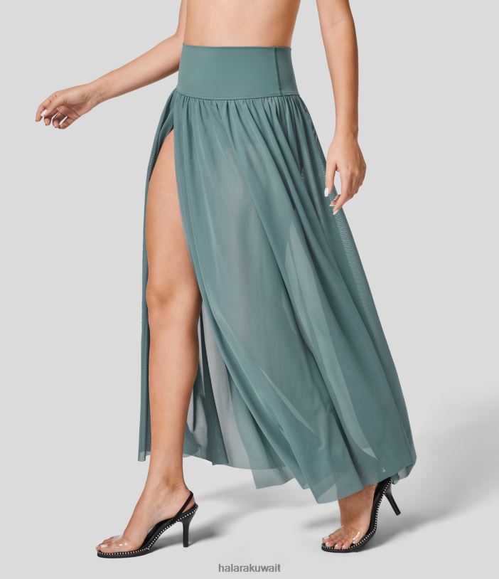 ملابس الفيروز المغبر TDP4N706 نحيف Halara تنورة ماكسي كاجوال واسعة الخصر ومطويات 2 في 1 شبكية