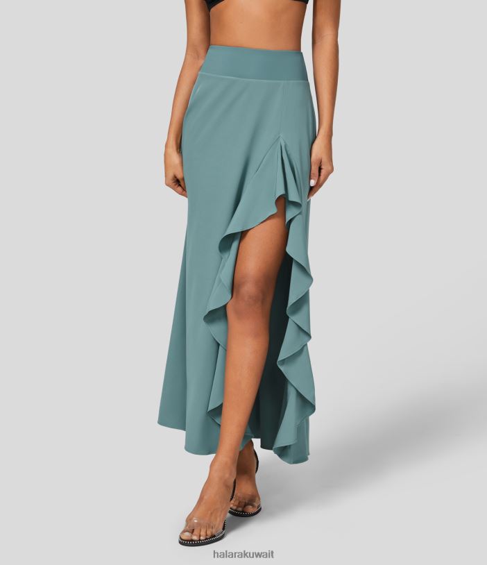 ملابس الحجر الأزرق TDP4N707 نحيف Halara تنورة كاجوال ماكسي بخصر عالٍ غير متماثل وحاشية مقسمة 2 في 1 سريعة الجفاف