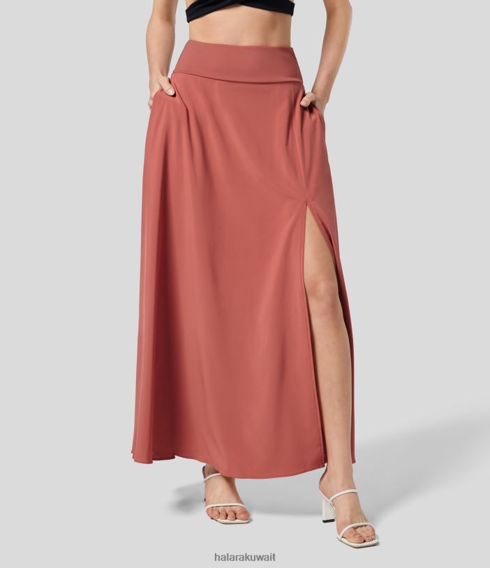 ملابس لهب أحمر TDP4N708 نحيف Halara تنورة طويلة غير رسمية بجيب جانبي عالي الخصر 2 في 1 انسيابية وسريعة الجفاف