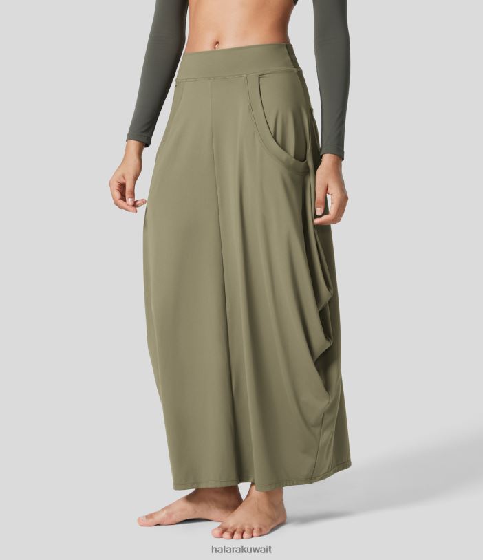 ملابس أخضر ذابل TDP4N716 نحيف Halara تنورة فانوس كاجوال متوسطة الارتفاع بجيوب متعددة وثنيات جانبية