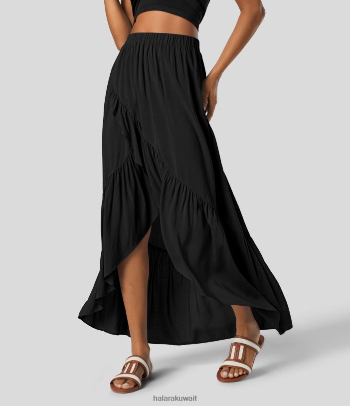 ملابس أسود TDP4N720 نحيف Halara تنورة منتجع ماكسي متموجة ذات خصر مرتفع ومطويات وحاشية مكشكشة عالية