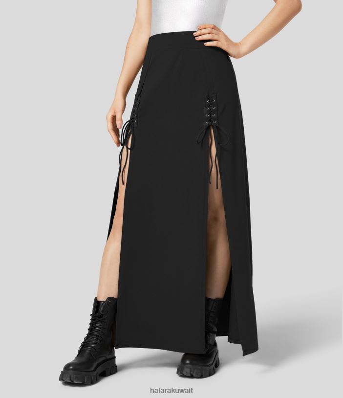 ملابس أسود TDP4N722 نحيف Halara تنورة ماكسي كاجوال ذات خصر عالي وأربطة 2 في 1
