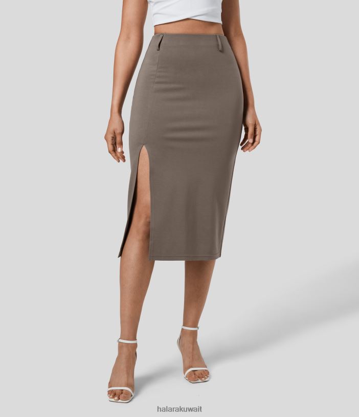 ملابس حديد TDP4N723 نحيف Halara تنورة ميدي كاجوال رفيعة بحاشية مقسمة عالية الخصر