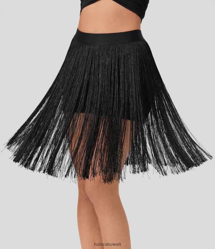 ملابس أسود TDP4N725 نحيف Halara تنورة منتجع ميدي عالية الخصر 2 في 1 بجيب جانبي وأهداب