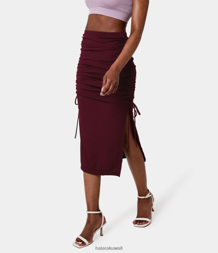 ملابس أحمر بنفسجي TDP4N735 نحيف Halara تنورة ميدي مضلعة بخصر عالٍ ورباط وحاشية منقسمة