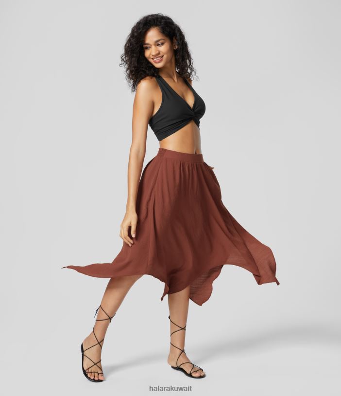 ملابس براندي الشم TDP4N740 نحيف Halara تنورة كاجوال بحزام خصر مطاطي متوسط ​​الارتفاع وجيب جانبي بحاشية منديل متدفقة متوسطة الطول