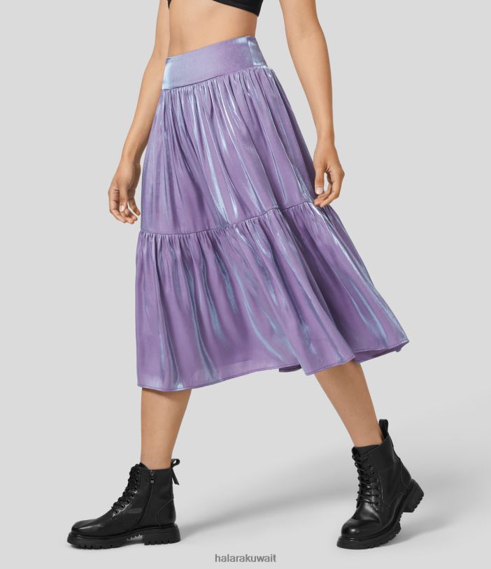 ملابس افتتان TDP4N748 نحيف Halara تنورة ذات طبقات عالية الخصر ومطويات من الخلف ميدي لامعة غير رسمية
