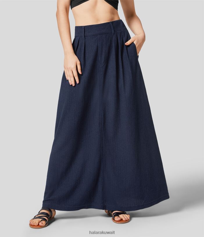 ملابس الدنيم الأزرق الداكن TDP4N749 نحيف Halara تنورة كاجوال من قماش الدنيم المغسول والقابل للتمدد وجيب جانبي متوسط ​​الارتفاع على شكل حرف A