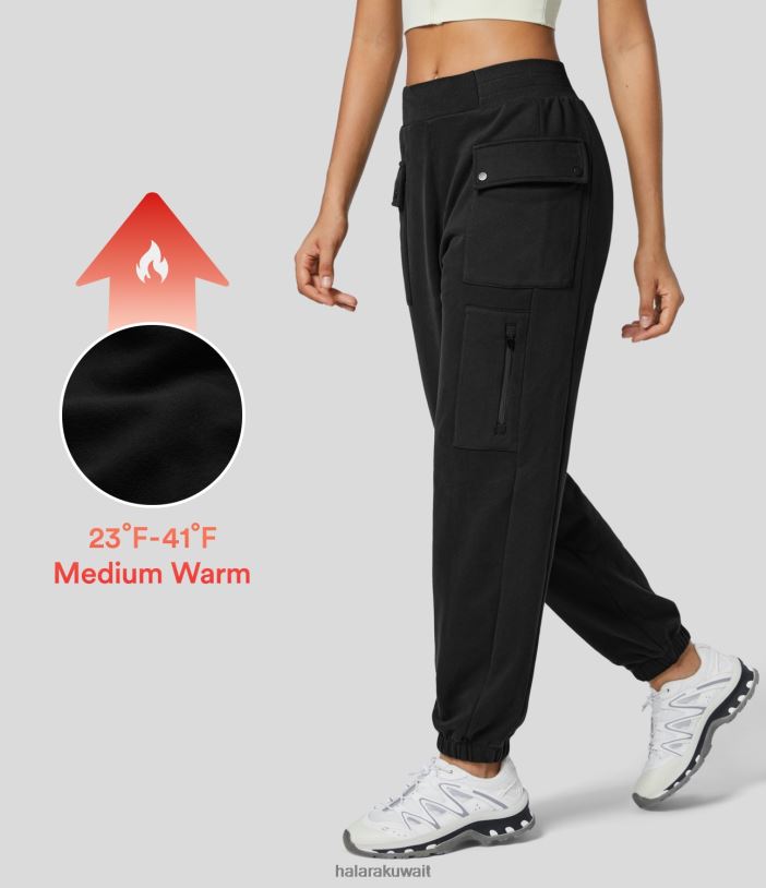 ملابس رياضية أسود TDP4N74 نحيف Halara حزام خصر مطاطي متوسط ​​الارتفاع وجيوب متعددة وسحاب من الصوف للتنزه سيرًا على الأقدام من القطن