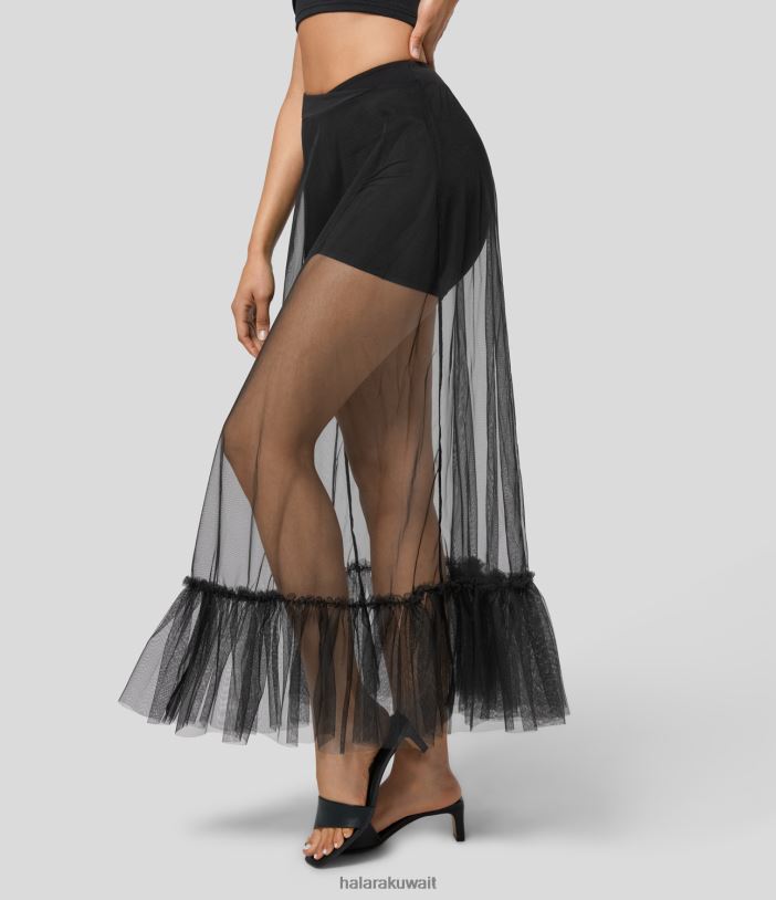 ملابس أسود TDP4N750 نحيف Halara تنورة المنتجعات الطويلة ذات الخصر العالي والكشكشة 2 في 1 من شبكة شفافة شفافة