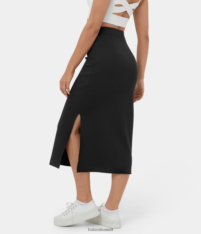 ملابس أسود TDP4N752 نحيف Halara تنورة قطنية متوسطة الطول بفتحة عالية الخصر