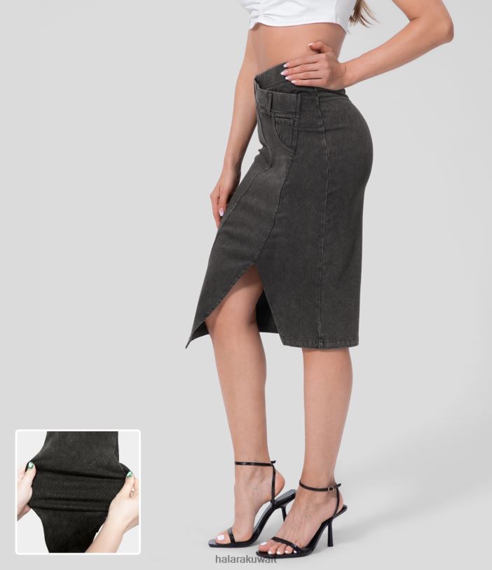 ملابس الدنيم الرمادي الداكن TDP4N753 نحيف Halara تنورة عادية متوسطة الطول من قماش الدنيم المتماسك بخصر عالٍ وبحواف منقسمة سحرية