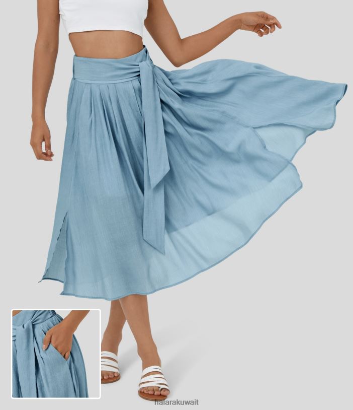 ملابس أزرق فاتح TDP4N754 نحيف Halara تنورة متوسطة الطول كاجوال واسعة بخصر عالٍ وجيب أمامي وجيب جانبي