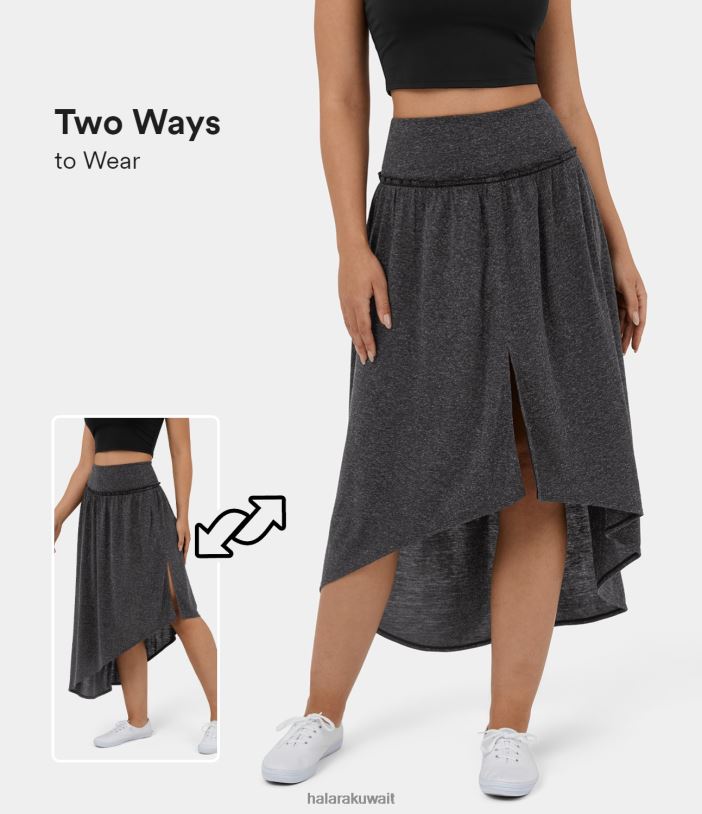 ملابس إبداعي TDP4N761 نحيف Halara تنورة كتان غير رسمية عالية الخصر وحاشية منقسمة عالية ومنخفضة متوسطة الطول