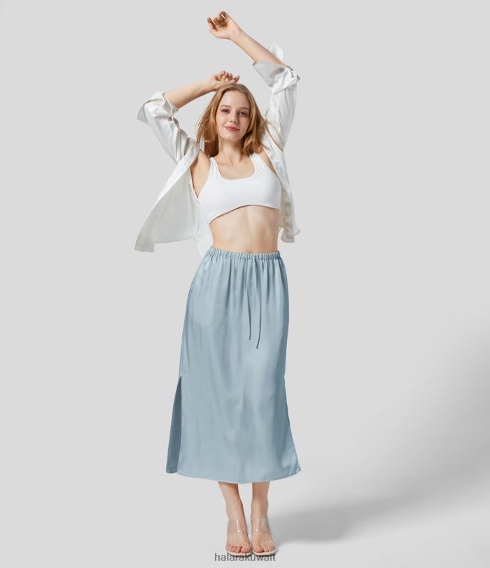 ملابس إبداعي TDP4N763 نحيف Halara تنورة متوسطة الارتفاع برباط وجيب جانبي منقسمة متوسطة الطول تشبه الساتان